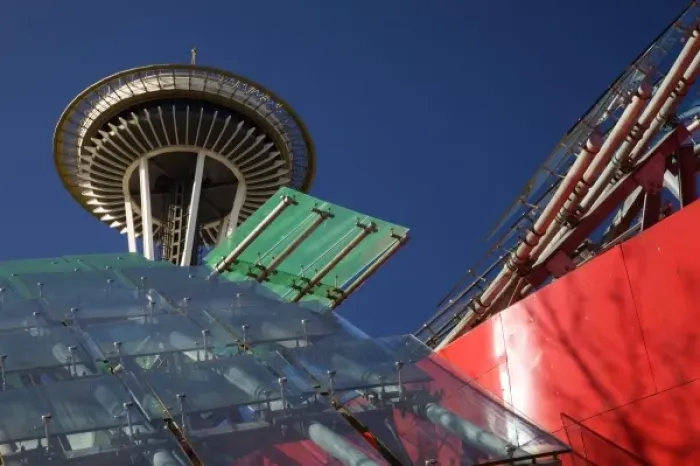 Framed Print : WA, Seattle, Space Needle with Experience Music Project
