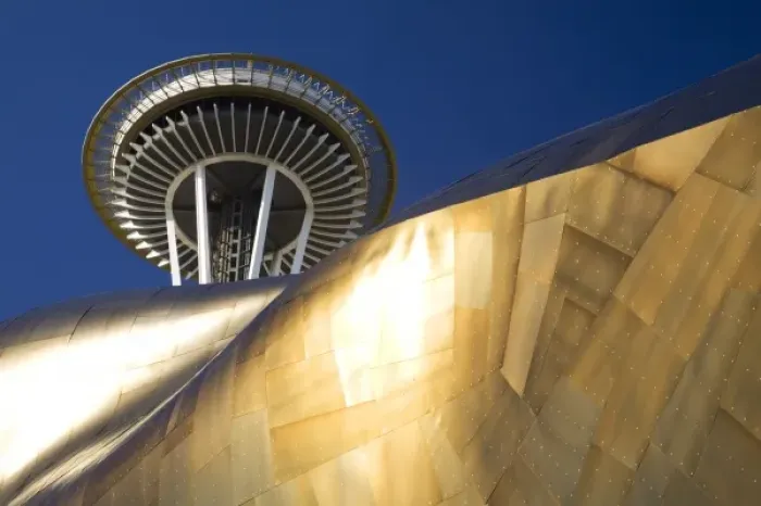 Framed Print : WA, Seattle, Space Needle with Experience Music Project