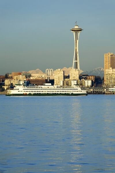 WA, Seattle, Space Needle and Ferry boat from Alki