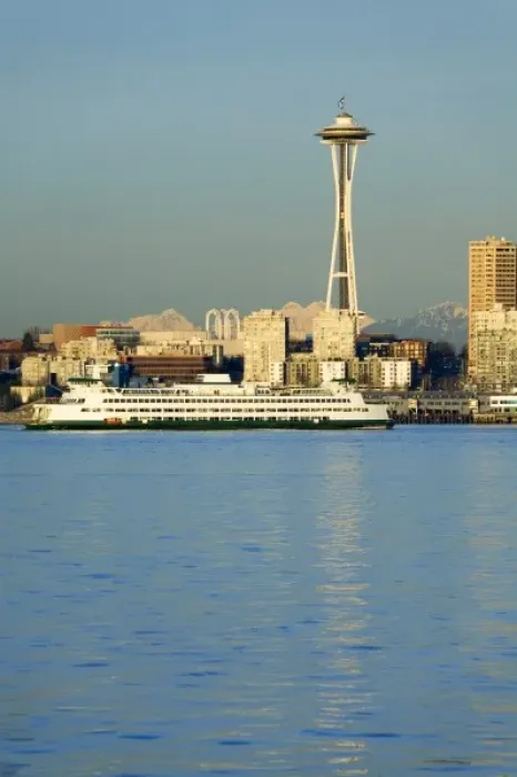 Framed Print : WA, Seattle, Space Needle and Ferry boat from Alki Framed Print : WA, Seattle, Space Needle and Ferry boat from Alki