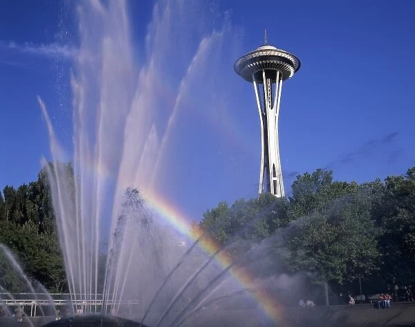 WA, Seattle, Space Needle with International Fountain and Rainbow