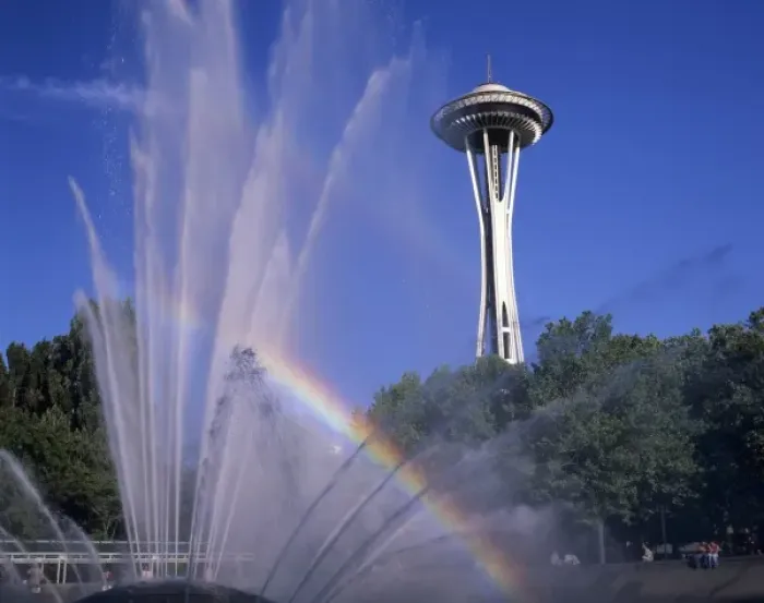 Framed Print : WA, Seattle, Space Needle with International Fountain and Rainbow Framed Print : WA, Seattle, Space Needle with International Fountain and Rainbow