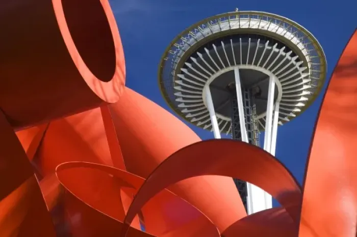 Framed Print : WA, Seattle, Space Needle with Olympic Iliad sculpture Framed Print : WA, Seattle, Space Needle with Olympic Iliad sculpture