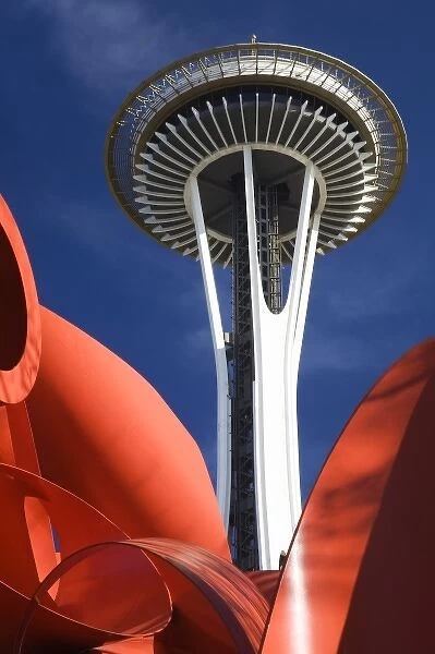WA, Seattle, Space Needle with Olympic Iliad sculpture