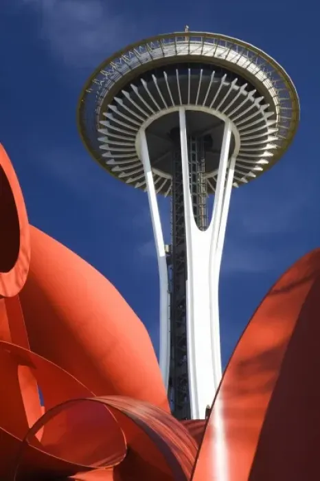 Framed Print : WA, Seattle, Space Needle with Olympic Iliad sculpture Framed Print : WA, Seattle, Space Needle with Olympic Iliad sculpture
