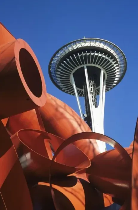 Framed Print : WA, Seattle, Space Needle with Olympic Iliad sculpture Framed Print : WA, Seattle, Space Needle with Olympic Iliad sculpture