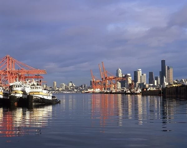 WA, Seattle, Tug boats and container ships at the Port of Seattle on Harbor Island