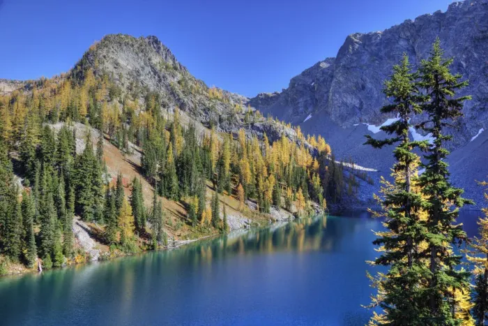 Framed Print : WA, Wenatchee NF; Blue Lake with golden larch trees Framed Print : WA, Wenatchee NF; Blue Lake with golden larch trees