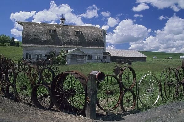 WA, Whitman County; Uniontown, wheel fence and barn
