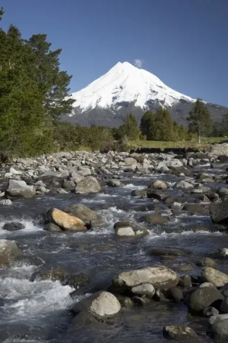Framed Print : Waiwhakaiho River and Mt Taranaki  /  Mt Egmont, Taranaki, North Island, New Zealand