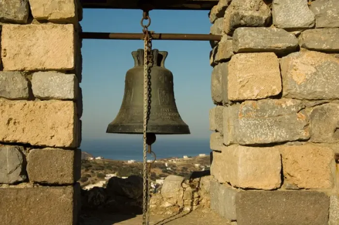 Framed Print : Warning Bells at the restored part of Pandelli Castle. Leros, Dodecanese Islands, Greece