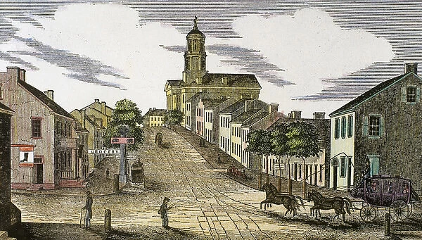 Washington, 1843. Downtown. Shoe shop and grocery to the left. United States. Engraving