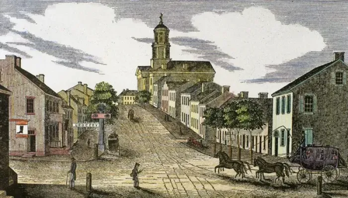 Framed Print : Washington, 1843. Downtown. Shoe shop and grocery to the left. United States. Engraving Framed Print : Washington, 1843. Downtown. Shoe shop and grocery to the left. United States. Engraving