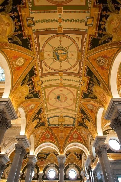 WASHINGTON, D. C. USA. Ceiling of second floor passage in Great Hall of Jefferson Building
