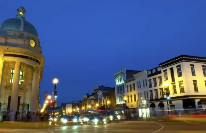 Framed Print : Washington DC Georgetown at night at Wisconsin Street and M Street with traffic Framed Print : Washington DC Georgetown at night at Wisconsin Street and M Street with traffic