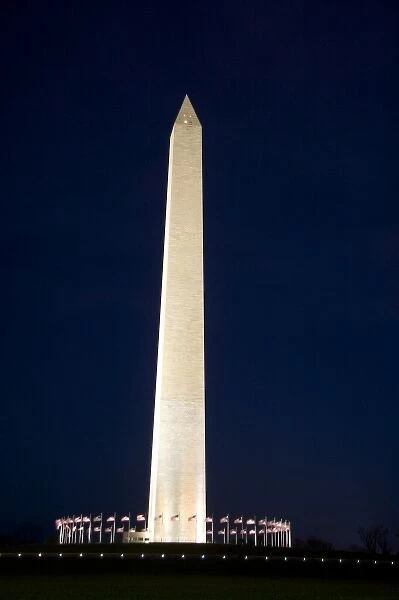 The Washington Monument lit up at night in Washington, D. C