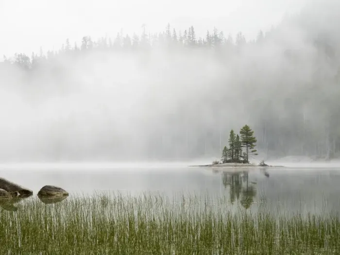 Framed Print : Washington State, Alpine Lakes Wilderness. Snow Lake, Island and fog