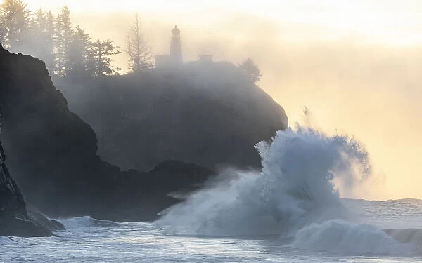 Washington State, Lighthouse and king tide surf, Cape Disappointment State Park
