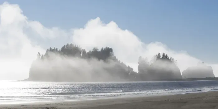 Framed Print : Washington State, Pacific Coast, First Beach. James Island in fog