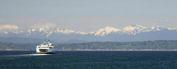 Washington State, Seattle, Washington State Ferry on Elliott Bay, Olympic Mountains in background