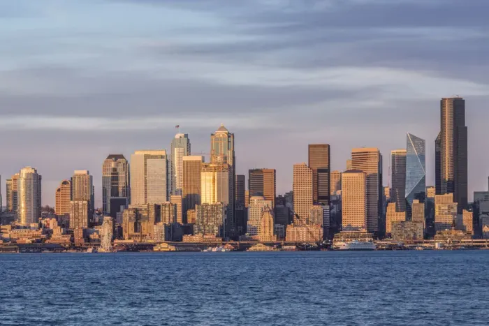 Framed Print : Washington State, Seattle. Waterfront and Skyline at Sunset