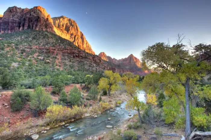 Framed Print : Watchman Peak mountain and Virgin River in Fall foliage, Zion National Park; Springdale and St