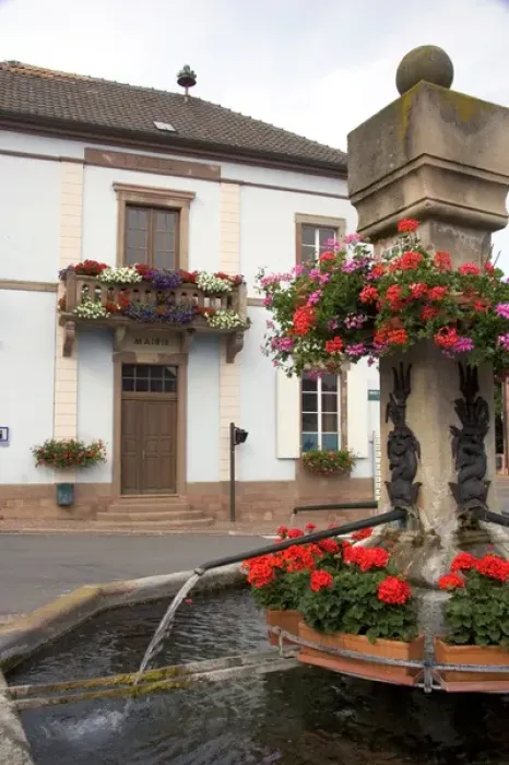 Framed Print : Water fountain with red geraniums in the village of Roschwihr, Eastern France