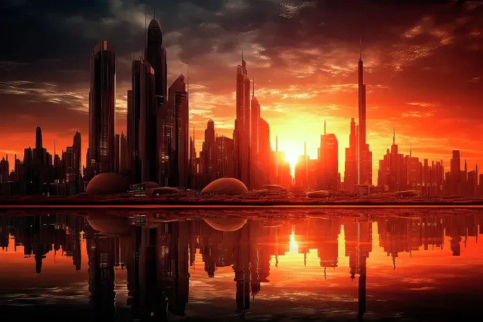 Framed Print : Water reflection of futuristic city skyline at sunrise. ©Jim Zuckerman  /  Jaynes Gallery  /  DanitaDelimont.com