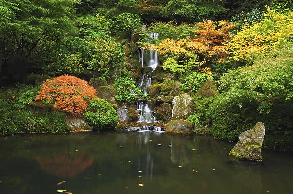 Waterfall in Autunn at the Portland Japanese Garden, Portland, Oregon, USA