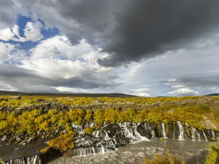 Framed Print : Waterfall Hraunfossar with colorful foliage during fall. Northern Iceland Framed Print : Waterfall Hraunfossar with colorful foliage during fall. Northern Iceland