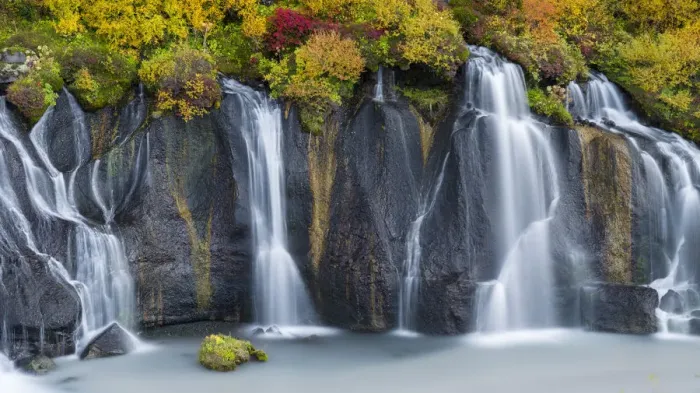 Framed Print : Waterfall Hraunfossar with colorful foliage during fall. Northern Iceland Framed Print : Waterfall Hraunfossar with colorful foliage during fall. Northern Iceland