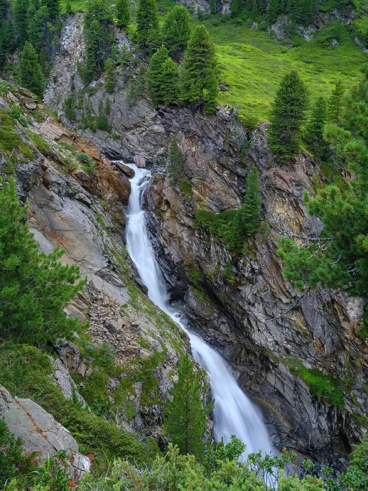 Framed Print : Waterfall Rotmooswasserfall in the Otztal Alps in the Naturepark Otztal. Europe, Austria, Tyrol