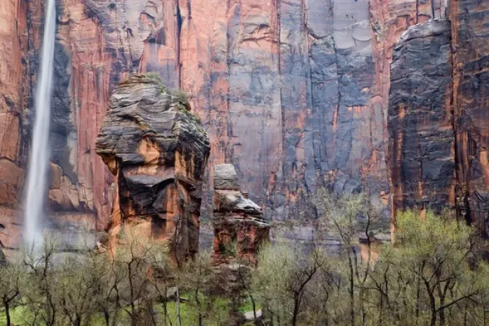 Framed Print : Waterfall thunders down near the Temple of Sinawava in Zion National Park in Utah