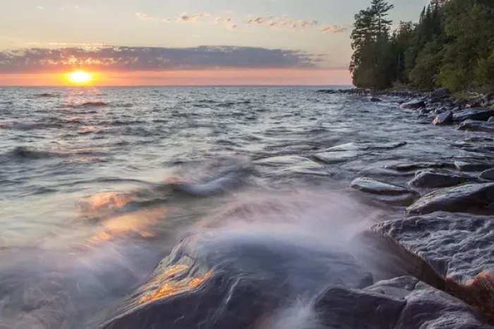 Framed Print : Waves crash at sunset on Devils Island in the Apostle Islands National Lakeshore