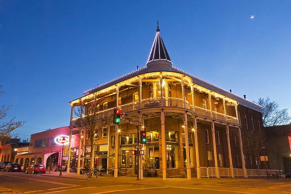 The Weatherford Hotel at dusk in historic downtown Flagstaff, Arizona, USA