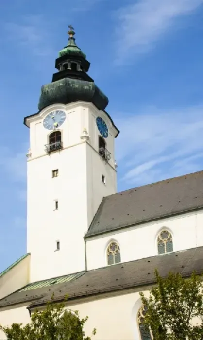 Framed Print : Wels, Upper Austria, Austria - Low angle view of a clock and bell tower of an old church Framed Print : Wels, Upper Austria, Austria - Low angle view of a clock and bell tower of an old church