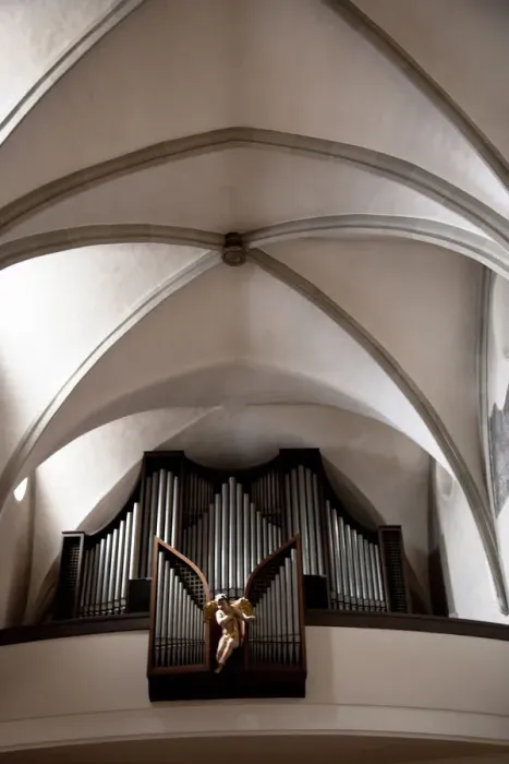 Framed Print : Wels, Upper Austria, Austria - A statue of an angel is in front of a pipe organ s Framed Print : Wels, Upper Austria, Austria - A statue of an angel is in front of a pipe organ s