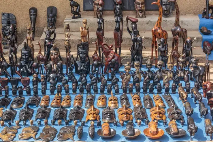 Framed Print : West Africa, The Gambia, Banjul. Wooden masks, animals, and other crafts for sale Framed Print : West Africa, The Gambia, Banjul. Wooden masks, animals, and other crafts for sale