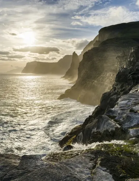Framed Print : The west coast near Traelanipa with waterfall Bosdalafossur at sunset. The island Vagar