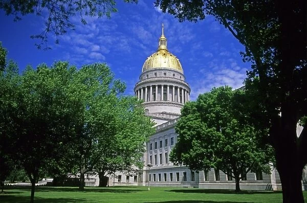 The West Virginia state capitol building with gold leaf dome in Charleston