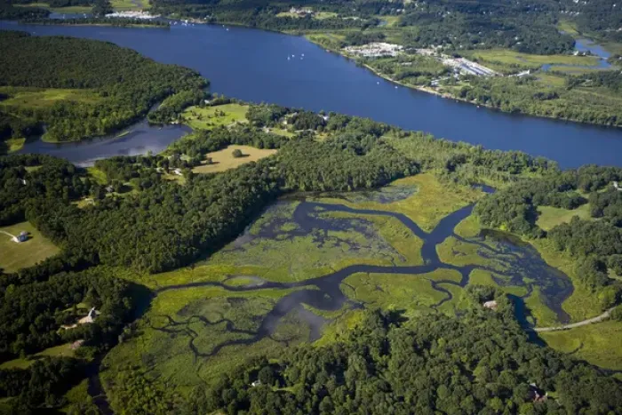Framed Print : Wetlands near the Connecticut River in Lyme, Connecticut. Aerial Framed Print : Wetlands near the Connecticut River in Lyme, Connecticut. Aerial