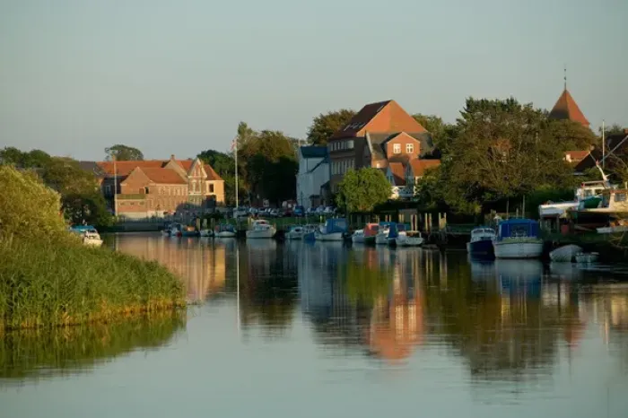 Framed Print : Wharf on Ribe River, Ribe, Jutland, Denmark Framed Print : Wharf on Ribe River, Ribe, Jutland, Denmark