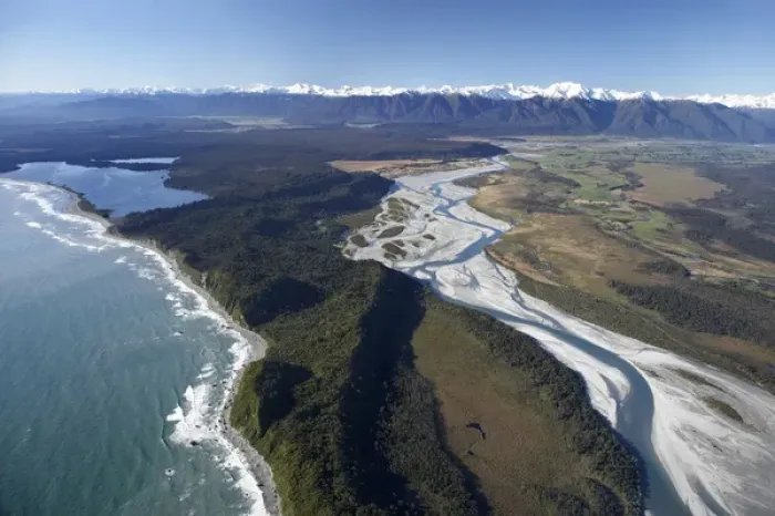 Framed Print : Whataroa River and Southern Alps, West Coast, South Island, New Zealand - aerial Framed Print : Whataroa River and Southern Alps, West Coast, South Island, New Zealand - aerial
