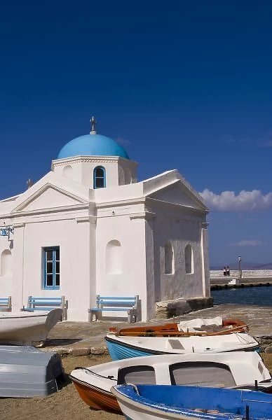 White church on the beach near the Aegean Sea on Mykonos, Greece