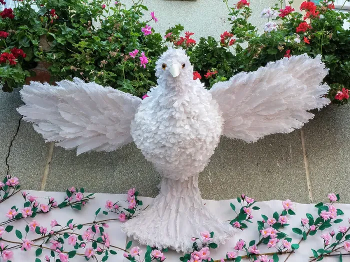 Framed Print : A white dove made of feathers, symbolizing the Holy Spirit. Festa dos Tabuleiros is one of the most important celebrations in Portugal Framed Print : A white dove made of feathers, symbolizing the Holy Spirit. Festa dos Tabuleiros is one of the most important celebrations in Portugal