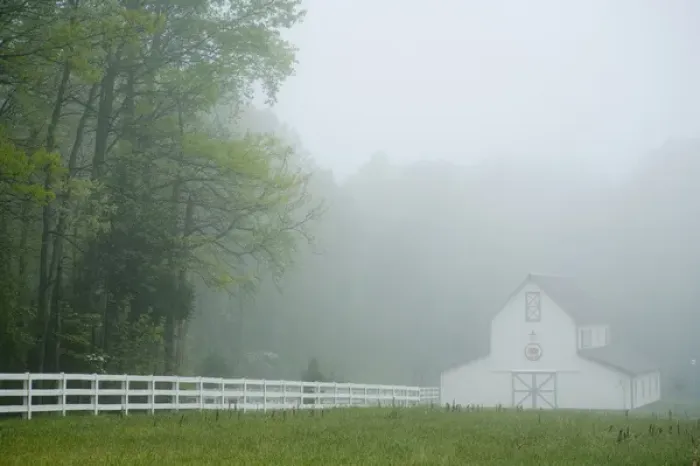 Framed Print : White farmhouse and fence in mist, Powhatan, Virginia, United States