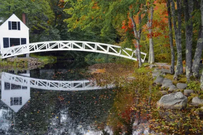 Framed Print : white footbridge, autumn, Mount Desert Historical Society, Somesville, Maine, USA Framed Print : white footbridge, autumn, Mount Desert Historical Society, Somesville, Maine, USA