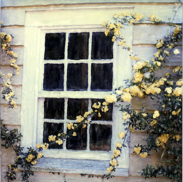White framed window with yellow roses. Polaroid SX70 Manipulation