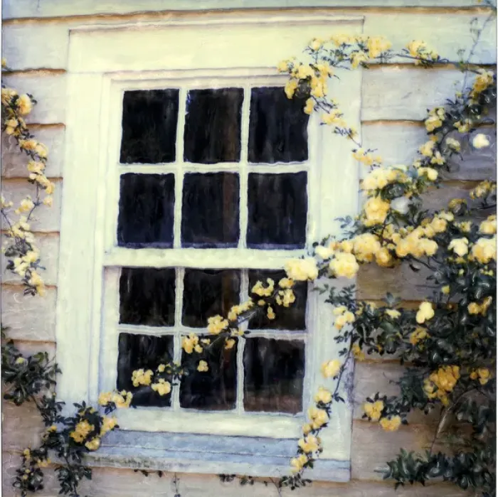 Framed Print : White framed window with yellow roses. Polaroid SX70 Manipulation Framed Print : White framed window with yellow roses. Polaroid SX70 Manipulation
