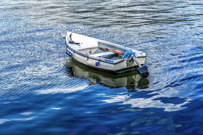 Framed Print : White rowboat in harbor, Dartmouth, Devon, England Framed Print : White rowboat in harbor, Dartmouth, Devon, England